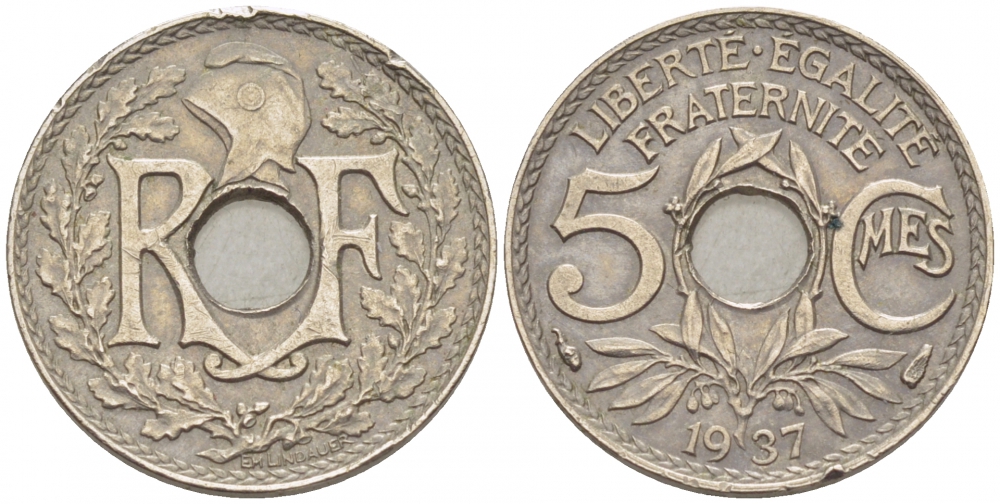 ФРАНЦИЯ 5 САНТИМОВ 1937 ТИП ЛИНДАЙЁ KM 875 медно-никель 3309-1025
