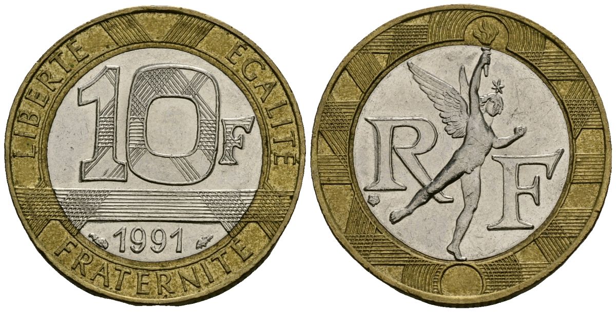 Франция 10 франков 1991 тип Гений Бастилии KM 964.1, Le Frank 375.6 биметалл 4135-545