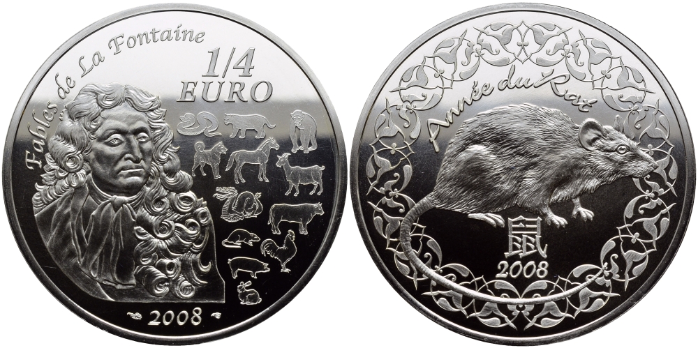 Франция 1/4 евро 2008 басни Лафонтена, год крысы KM 1572 серебро BUNC 1068-10-63