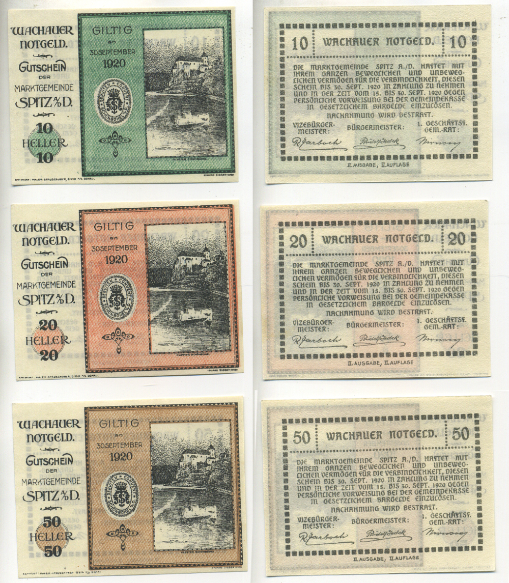 АВСТРИЯ, ВАЧАУ НАБОР ИЗ 3 БАНКНОТ 1920 30 СЕНТЯБРЯ 1920, НОТГЕЛЬД, 10, 20, 50 ГЕЛЛЕРОВ, GILTIG, ВТОРОЙ ВЫПУСК бумага aUNC 70-19-3