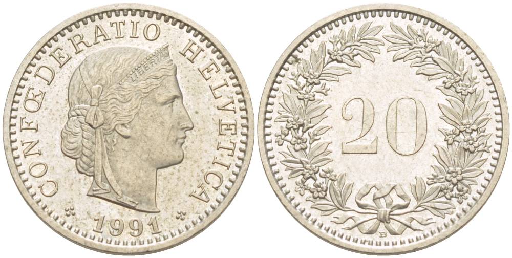 ШВЕЙЦАРИЯ 20 РАППЕНОВ 1991 В KM 29а медно-никель 4544-343