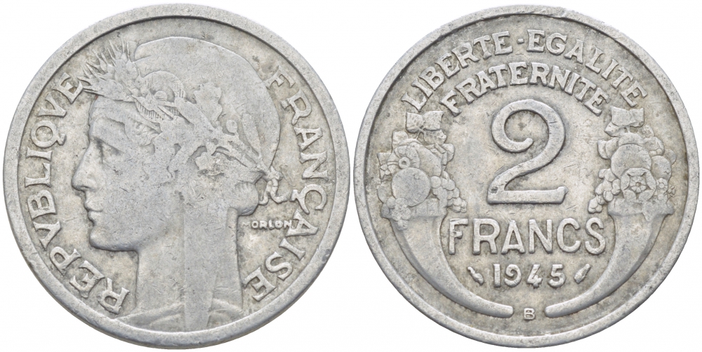 ФРАНЦИЯ 2 ФРАНКА 1945 В KM 886а.2 алюминий 4402-945