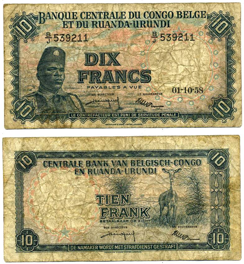 Бельгийское Конго 10 франков 1958 1 октября 1958, Солдат "Общественных сил" (Аскари), антилопа Pick 30 b бумага 2119-8-3-1