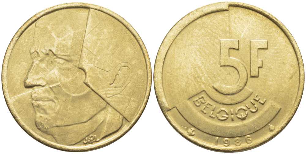 БЕЛЬГИЯ 5 ФРАНКОВ 1986 BELGIQUE, БОДУЭН I (1951-1993) KM 163 латунь или алюминиевая бронза 119-844