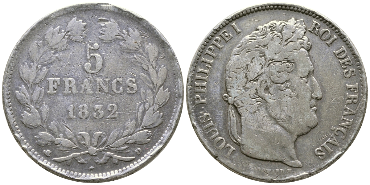 Франция 5 франков 1832 D, Луи Филипп I (1830-1848) KM 749.4 серебро 1066-6-15