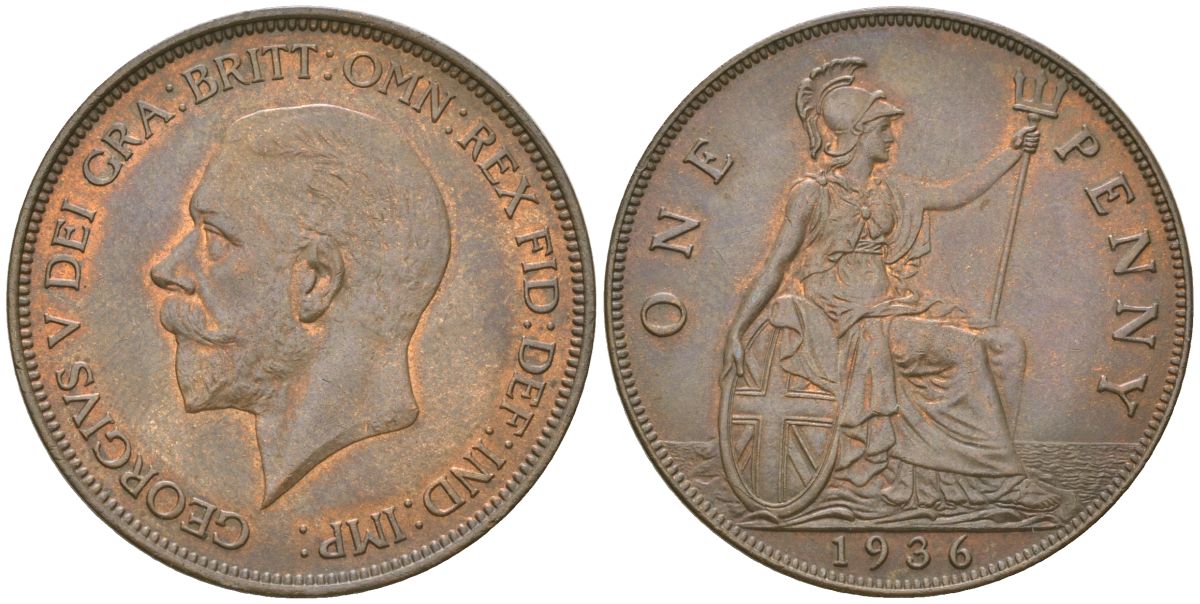 Великобритания 1 пенни 1936 Георг V (1910-1936) KM 838, Spink 4055 бронза  aUNC  69-1115