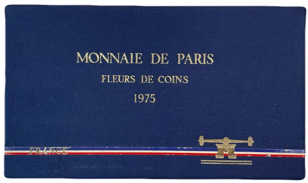 Франция официальный набор из 9 монет (1, 5, 10, 20 сантимов; 1/2, 1, 5, 10 и 50 франков) 1975 в оригинальной упаковке, с сертификатом KM SS 12 (925.1, 926a.1, 928, 929, 930, 931.1, 933, 940 и 941.1) BU 1-4-6-18