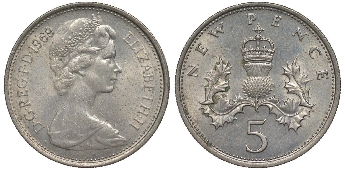 Великобритания 5 пенсов 1969 Елизавета II (1952-2022) KM 911, Spink 4233 (D1) медно-никель 4128-844