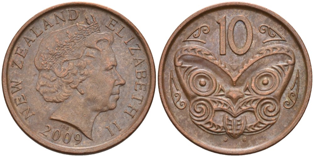 Новая Зеландия 10 центов 2009 маска Маори, Елизавета II (1952-) KM 117а сталь плакированная медью 4179-752