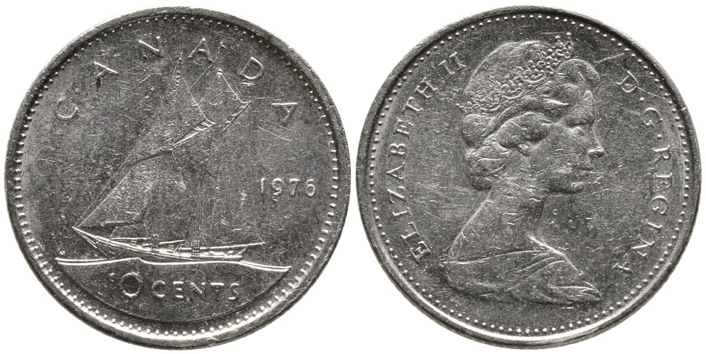 Канада 10 центов 1976 Елизавета II (1952-2022), парусник KM 77.1 никель 4532-821