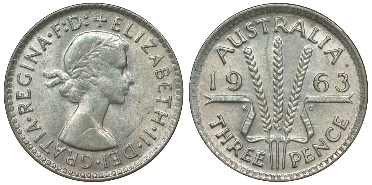 Австралия 3 пенса 1963 m, Елизавета II (1952-2022) KM 57 серебро 71-912
