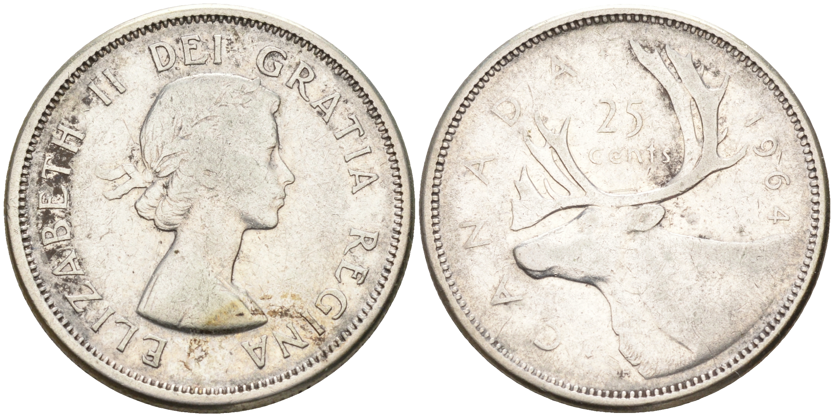 Канада 25 центов 1964 Елизавета II (1952-), олень KM 52 серебро 63-744