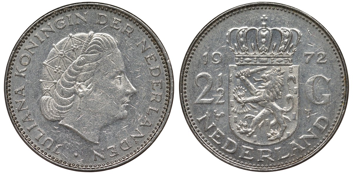 Нидерланды 2 1/2 гульдена 1972 Юлиана (1948-1980) KM 191 никель 4131-131