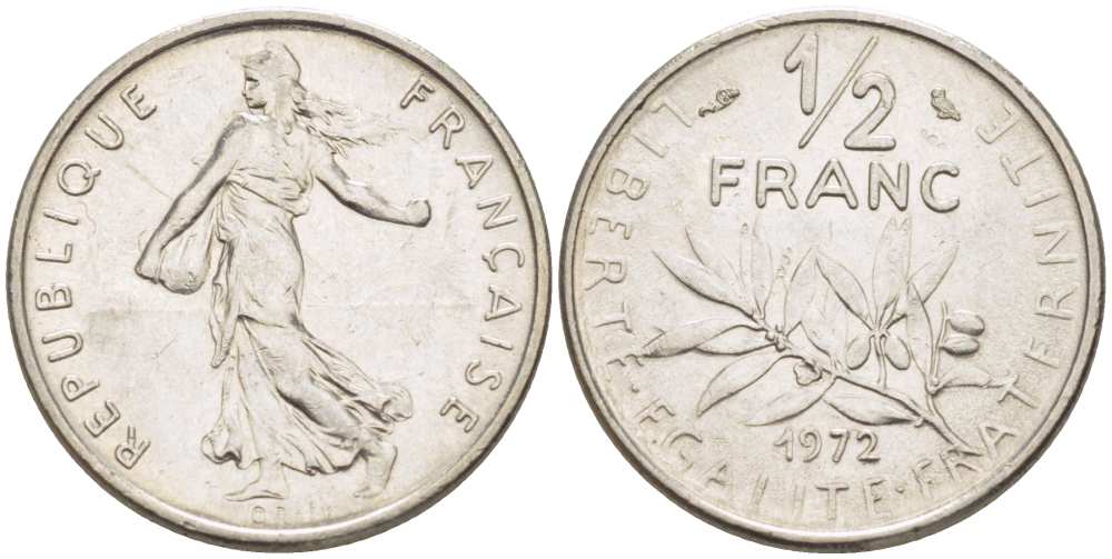 Франция 1/2 франка 1972 сеятель KM 931.1, LE FRANC 198.11 никель 210-1132