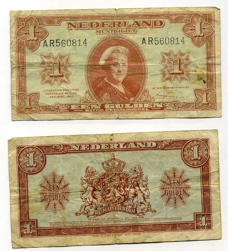 НИДЕРЛАНДЫ 1 ГУЛЬДЕН 1945 серия AR Pick 70, Akker 6.1b бумага 6293-8-1