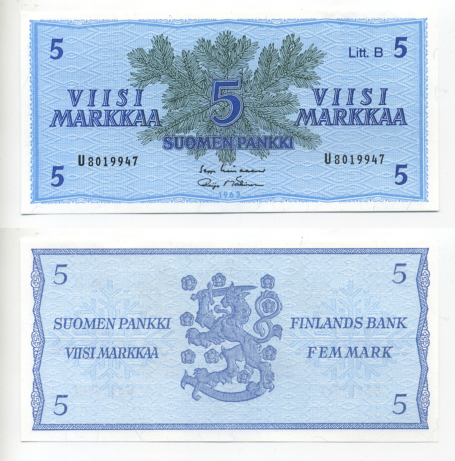 ФИНЛЯНДИЯ 5 МАРОК 1963 Pick 106A бумага UNC (пресс) 7214-15-2