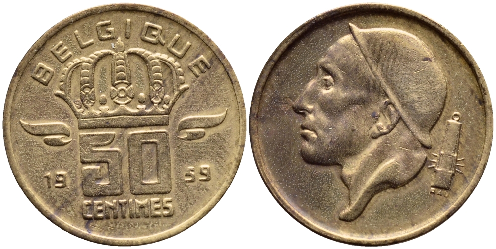 БЕЛЬГИЯ 50 САНТИМОВ 1959 BELGIQUE KM 148.1 бронза 4392-831