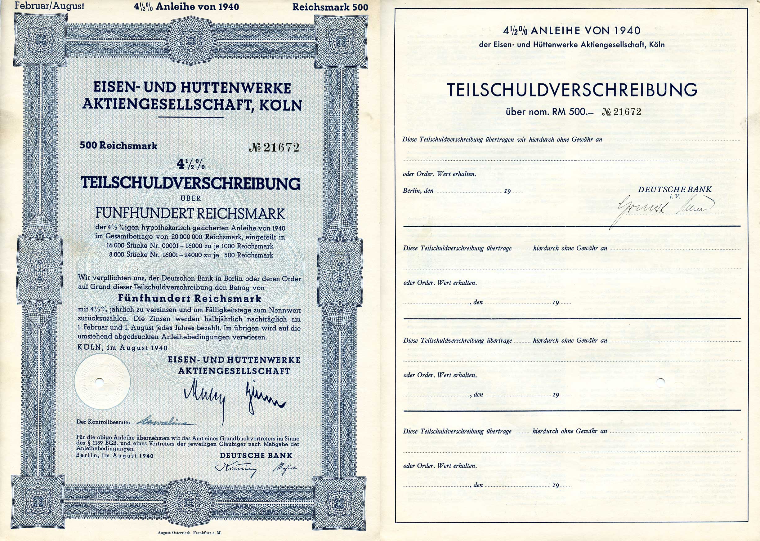 Германия 500 рейхсмарок 1940 АО металлургических и металлургических заводов, Кельн, 4-1/2% частичное обязательство, облигация   бумага  8801-93-1