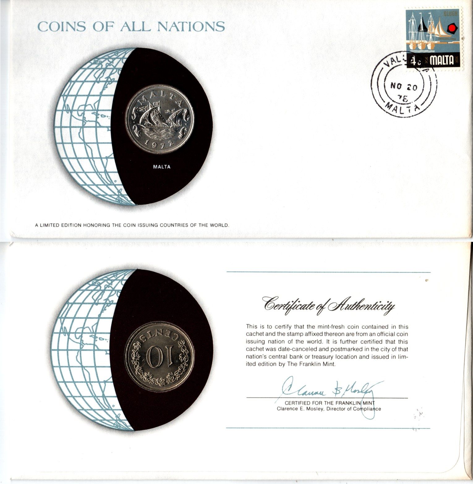 Мальта 10 центов 1972 конверт с маркой первого дня гашения, Coins of Nations KM 11 медно-никель UNC 4294-45-3