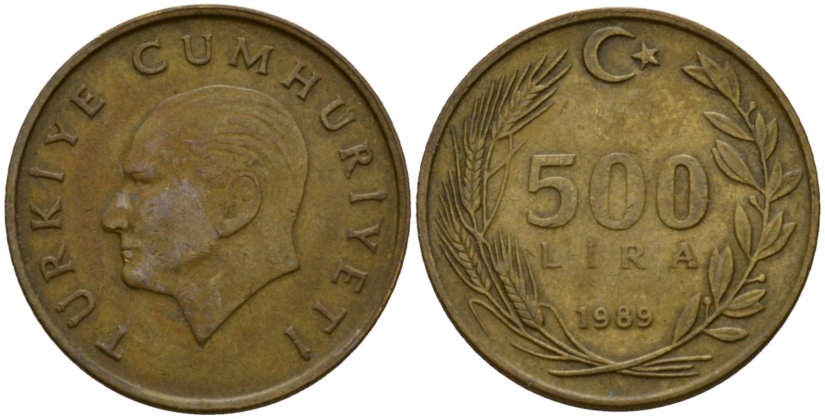 Турция 500 лир 1989 Кемаль Ататюрк KM 989 алюминиевая бронза 4601-652