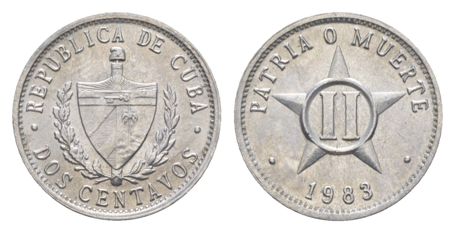 Куба 2 сентаво 1983 большие цифры номинала KM 104.2 алюминий UNC 4636-662