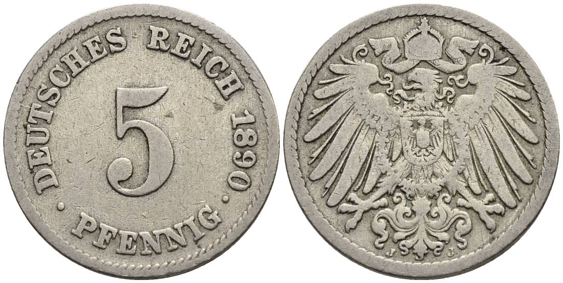 ГЕРМАНИЯ 5 ПФЕННИГОВ 1890 J KM 11, Jager 12, Weege 6 медно-никель 4547-323