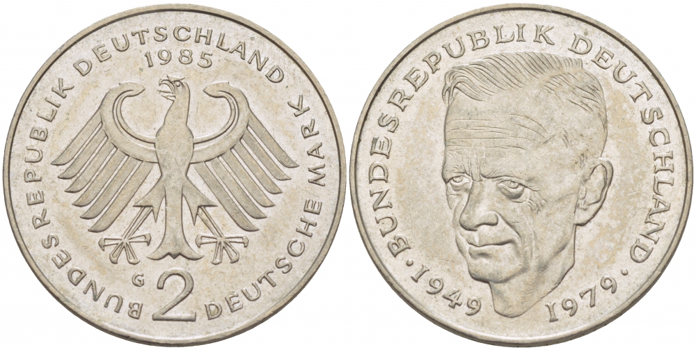 ФРГ 2 МАРКИ 1985 G, КУРТ ШУМАХЕР KM 149, J. 424 медно-никель плакированный никелем 3718-943