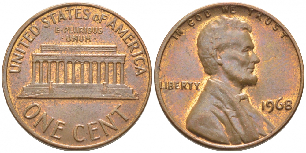 США 1 ЦЕНТ 1968 ЛИНКОЛЬН KM 201 медь цинк 112-217