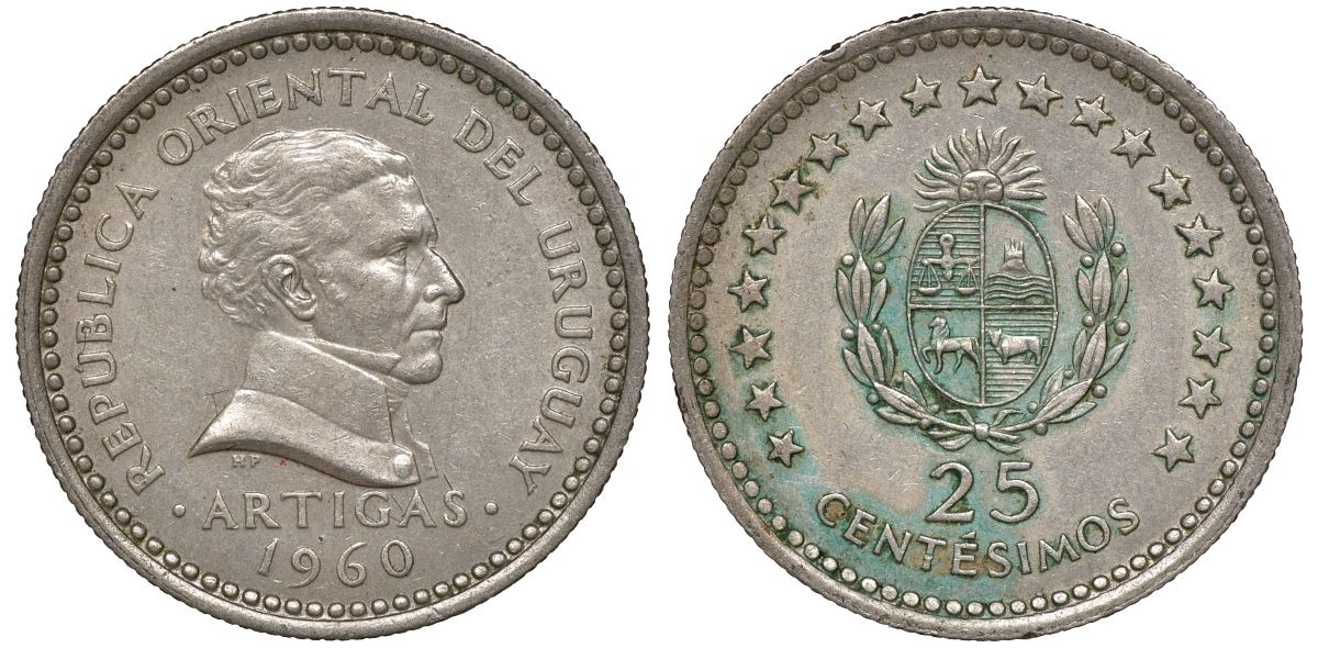 Уругвай 25 сентесимо 1960 KM 40 медно-никель 4169-867