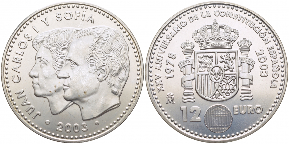 Испания 12 евро 2003 Карлос и София, 25 лет Конституции Испании KM 1051 серебро UNC 3896-1123