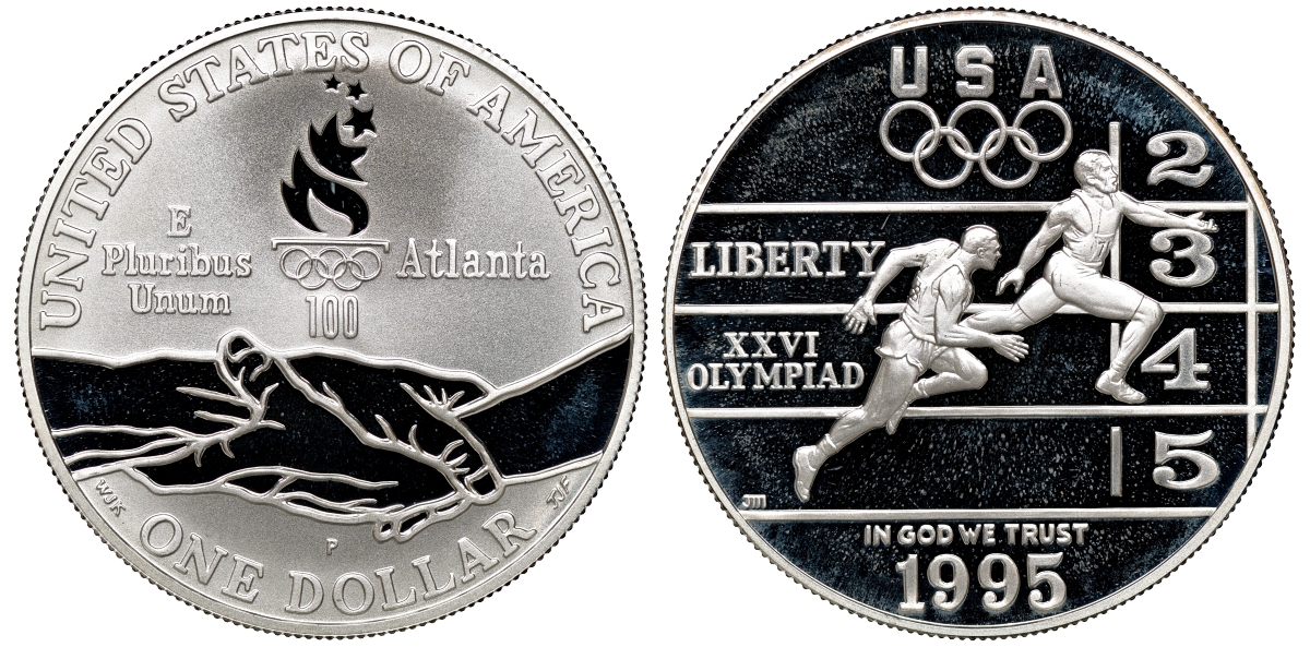 США 1 доллар 1995 Р, XXVI Олимпийские игры в Атланте, легкая атлетика, коробка KM 264 серебро  PROOF  00-00