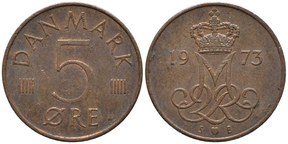 Дания 5 эре 1973 S; B, Маргрете II (1972- ) KM 859.1 железо плакированное медью 116-143