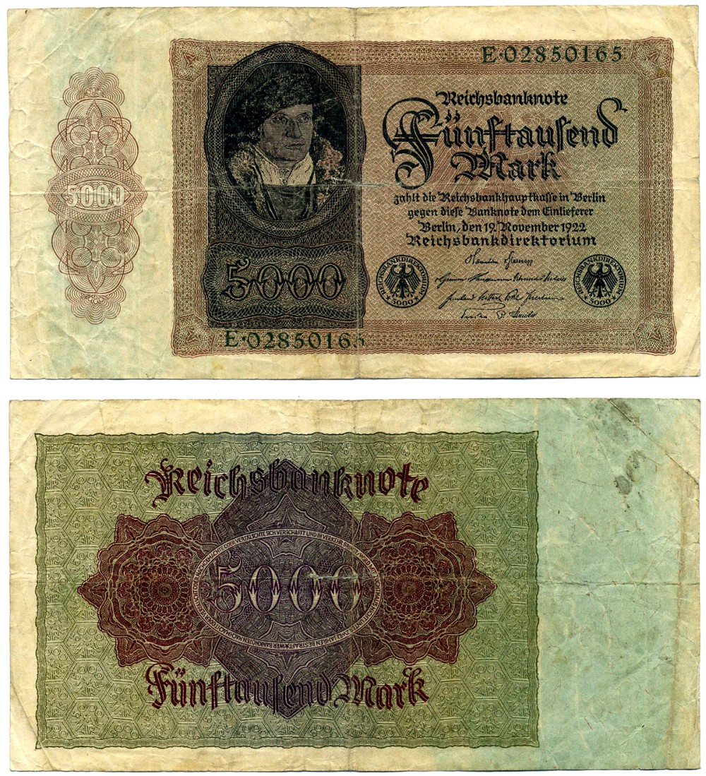Германия 5000 марок 1922 19 ноября 1922, выпуск (ЯНВАРЬ 1923-5 июля 1925), серия Е 02850165 Pick 78, Роземберг 77 бумага 7457-10-2-2