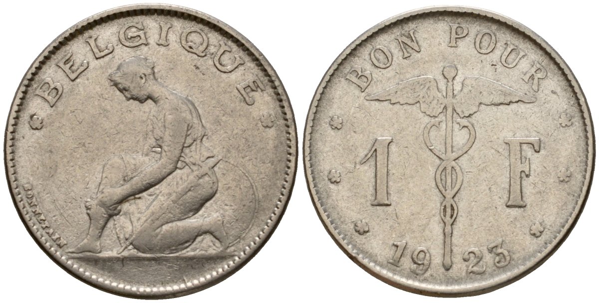 Бельгия 1 франк 1923 Belgique, Альберт I (1909-1934) KM 89 никель 33-1235