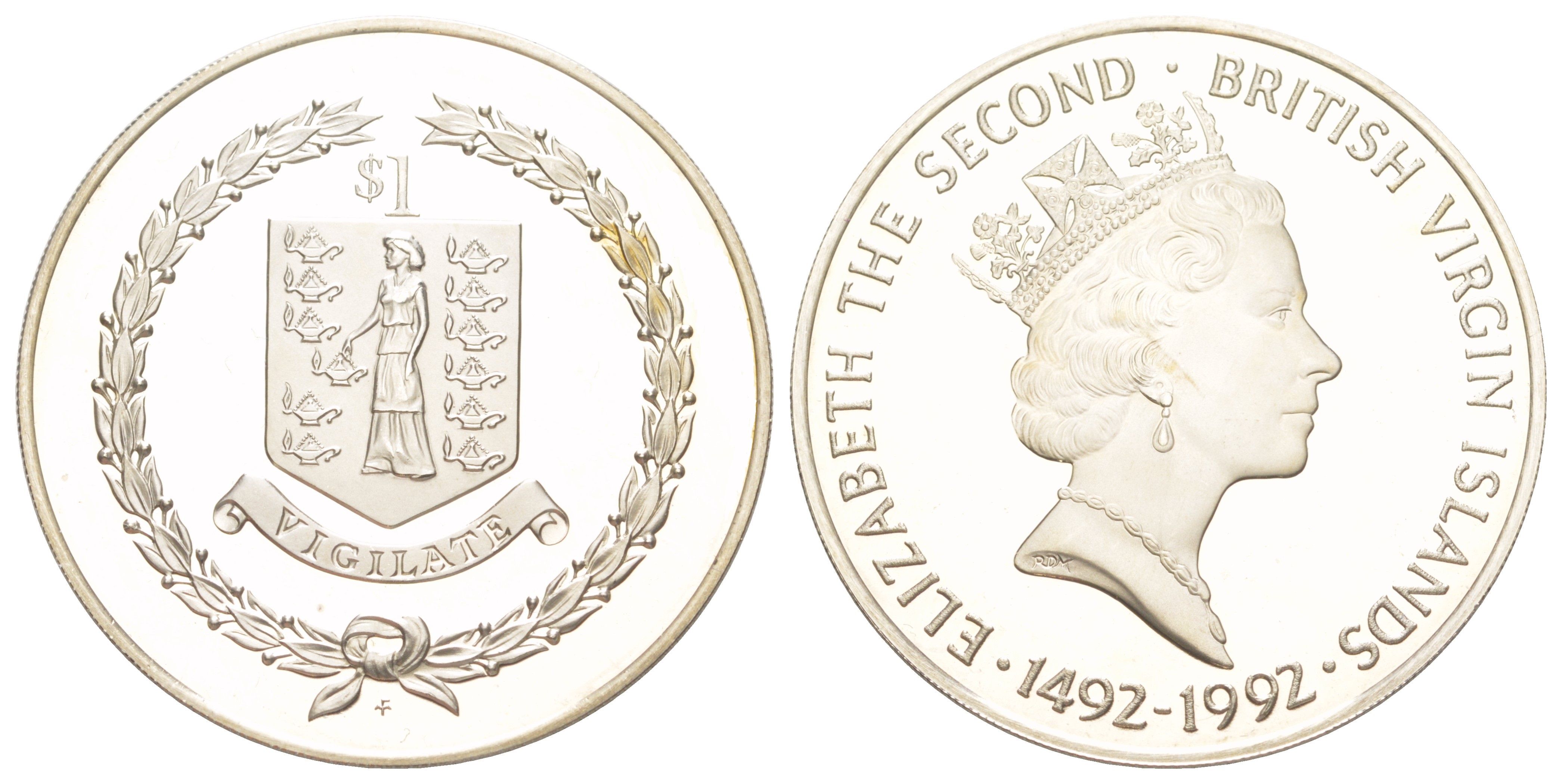 Британские Виргинские острова 1 доллар 1992 500 лет открытию Америки KM 169 медно-никель PROOF 1521-442