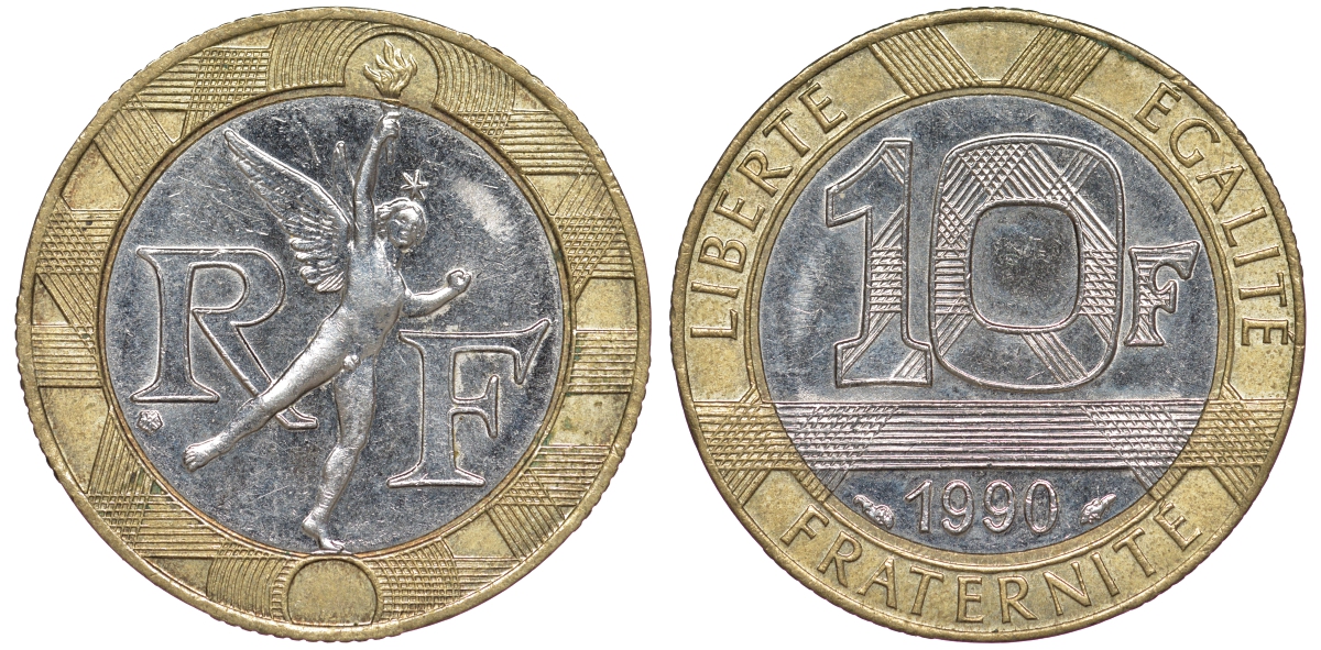 Франция 10 франков 1990 тип Гений Бастилии KM 964.1, Le Frank 375.5 биметалл  4606-151