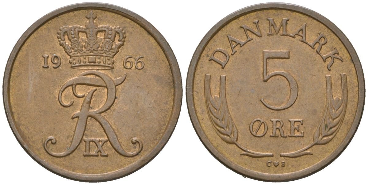 Дания 5 эре 1966 C; S, Фредерик IX (1947-1972) KM 848.1 бронза 4529-642