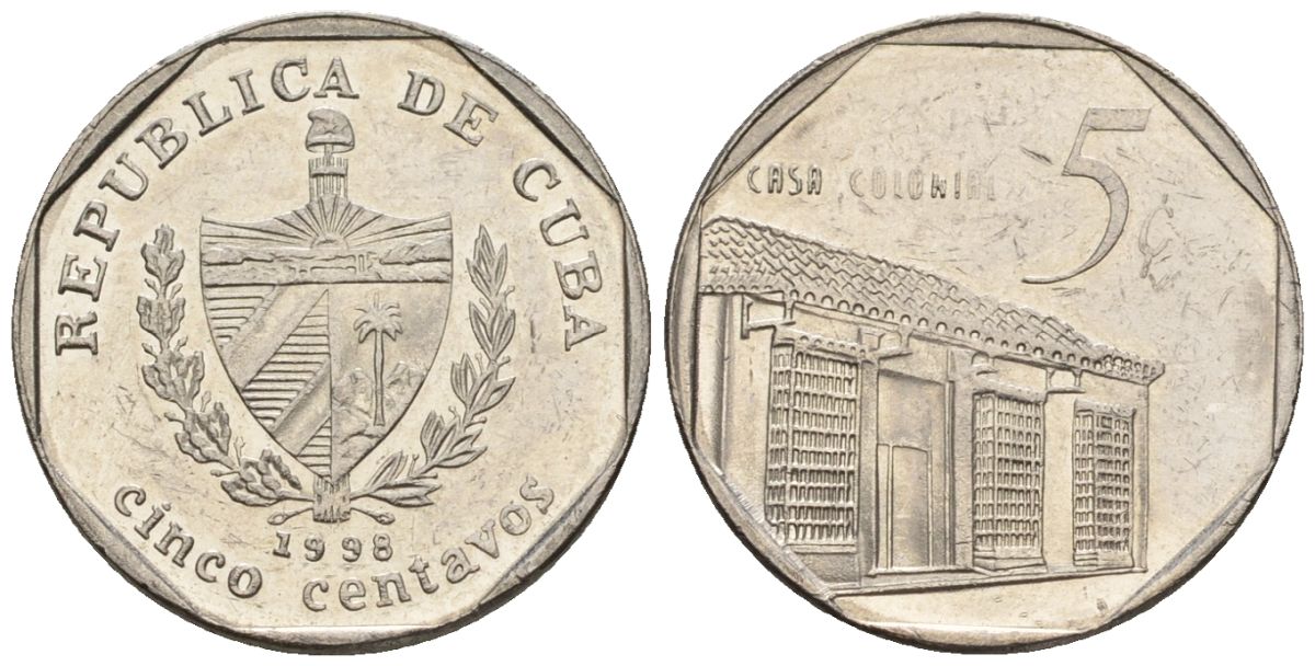 Куба 5 сентаво 1998 KM 575.2, Schoen 713, JMA MC19 сталь плакированная никелем 4115-657