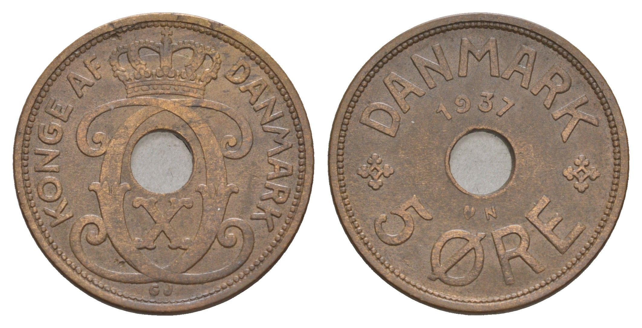 Дания 5 эре 1937 N, Кристиан X (1912-1947) KM 828 бронза 4657-251