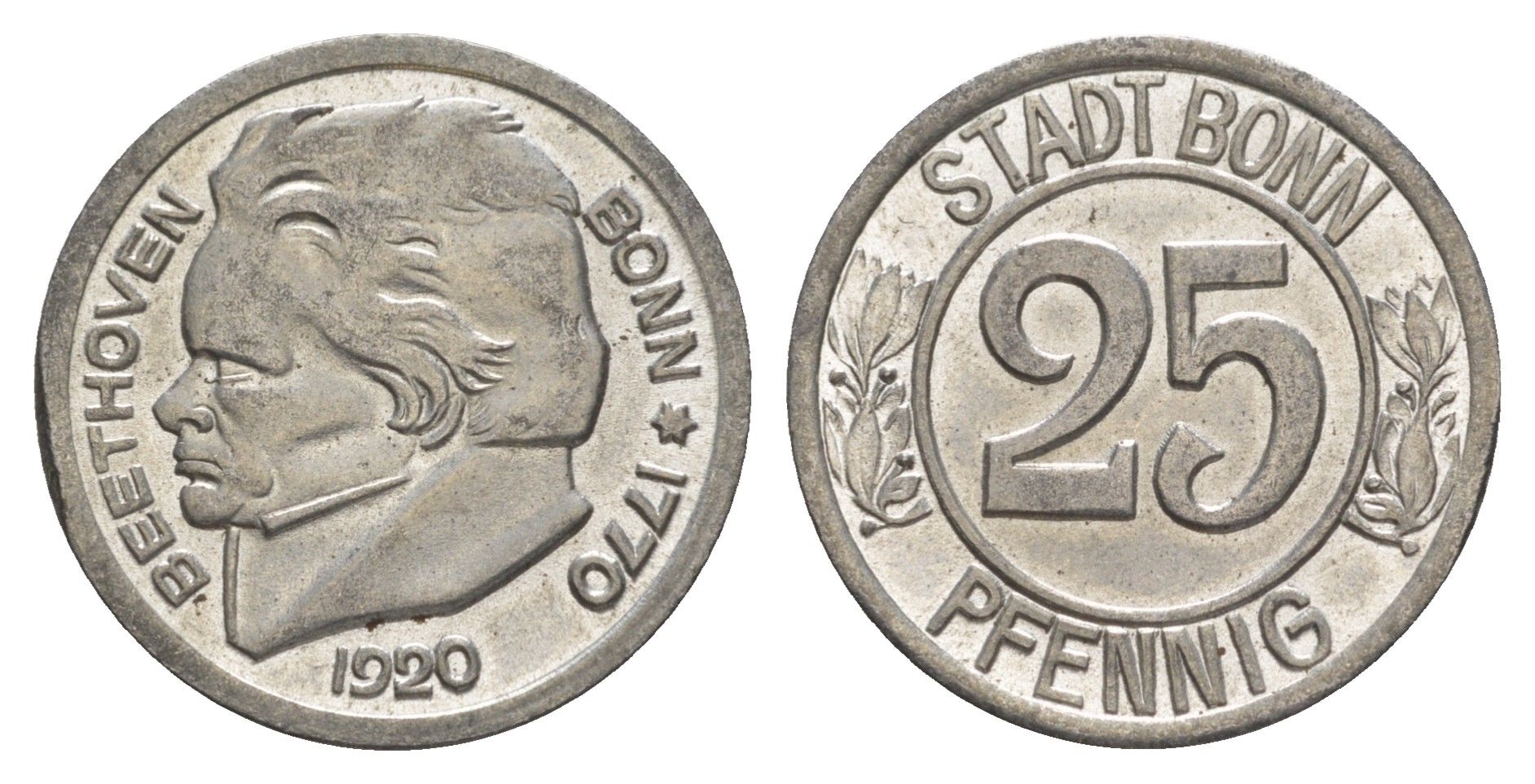 Бонн 25 пфеннигов 1920 Бетховен, Северный Рейн-Вестфалия, нотгельд Funck 51.2A, Men05 3220.4, Men18 4134.4 железо UNC 4582-533