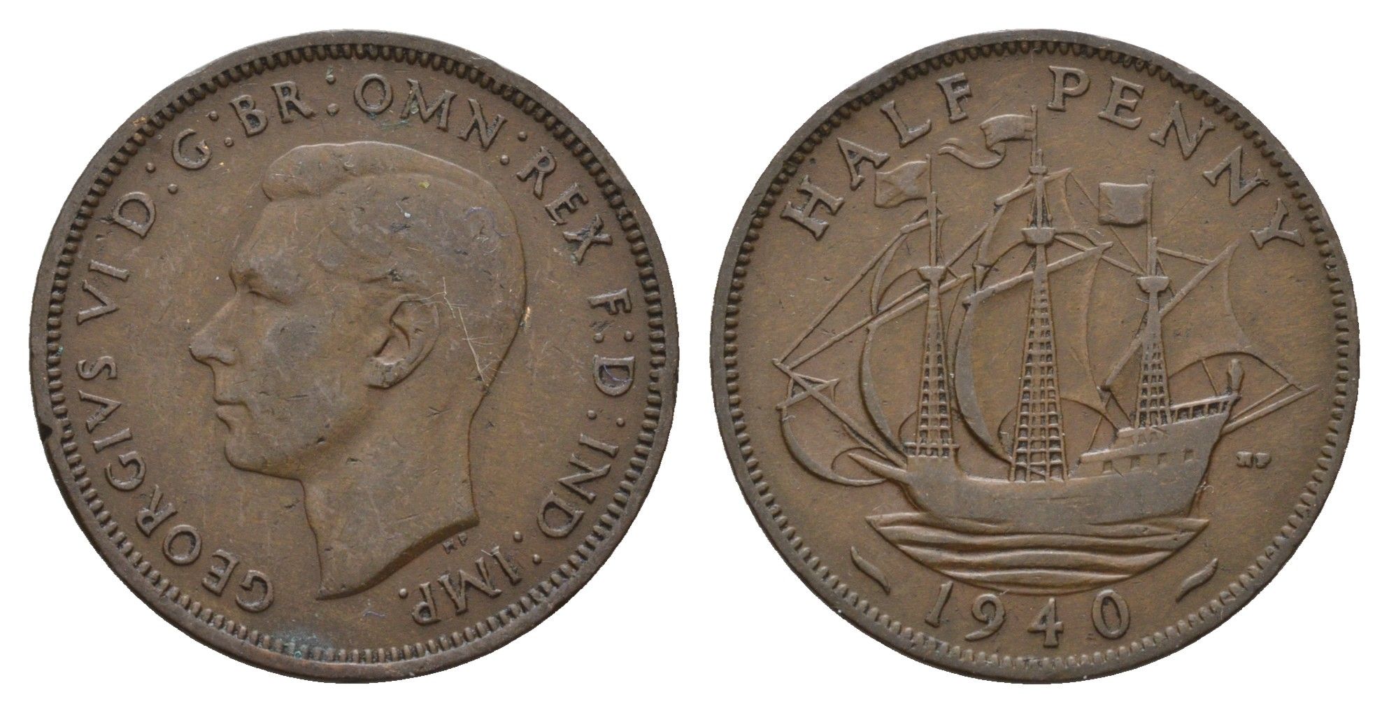 Великобритания 1/2 пенни 1940 Георг VI (1936-1952) KM 844, Spink 4115 бронза 4519-123