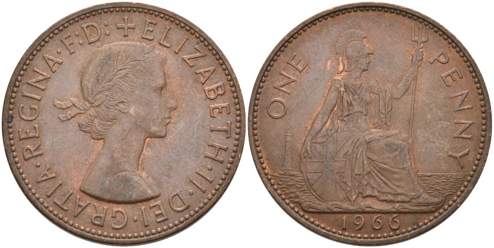 Великобритания 1 пенни 1966 Елизавета II (1952-2022) KM 897, Spink 4157 бронза 4574-244