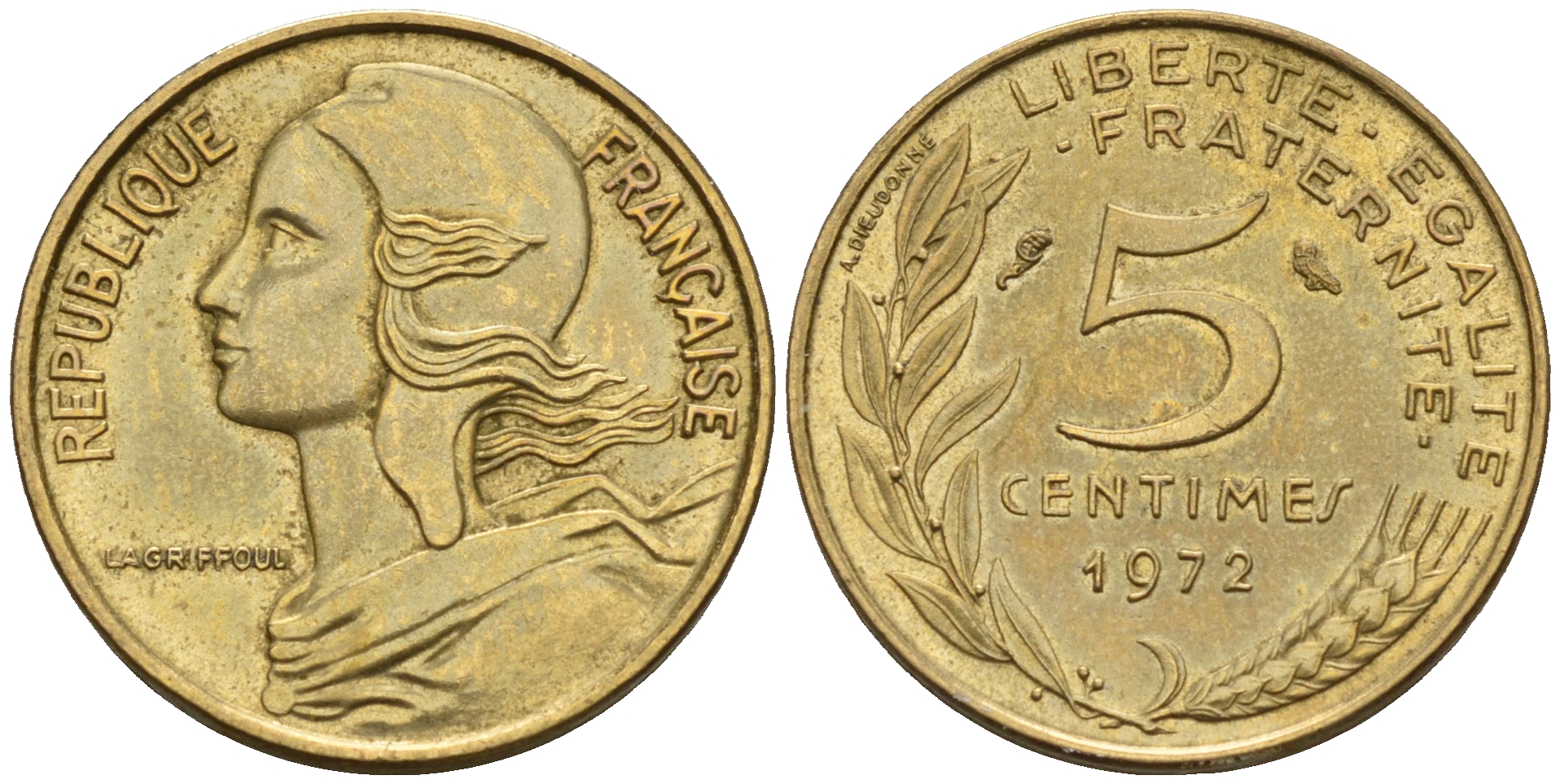 Франция 5 сантимов 1972 тип Марианна KM 933 медь алюминий никель    4152-1221