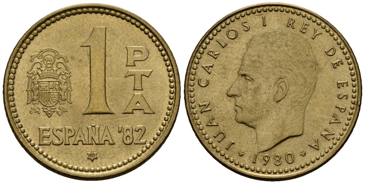 Испания 1 песета 1980 Чемпионат мира по футболу в Испании 1982 года, Хуан Карлос I (1975-2014) KM 816 алюминиевая бронза 4176-417