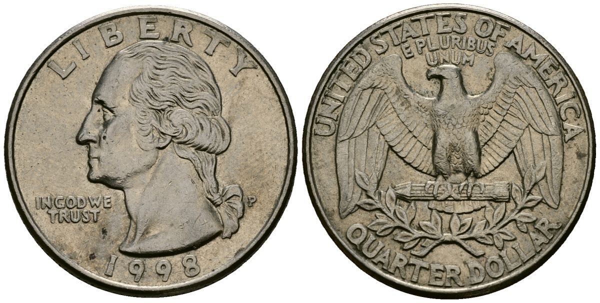 США 25 центов = квотер 1998 P, Вашингтон KM A164a медь плакированный медно-никелем 4138-1024