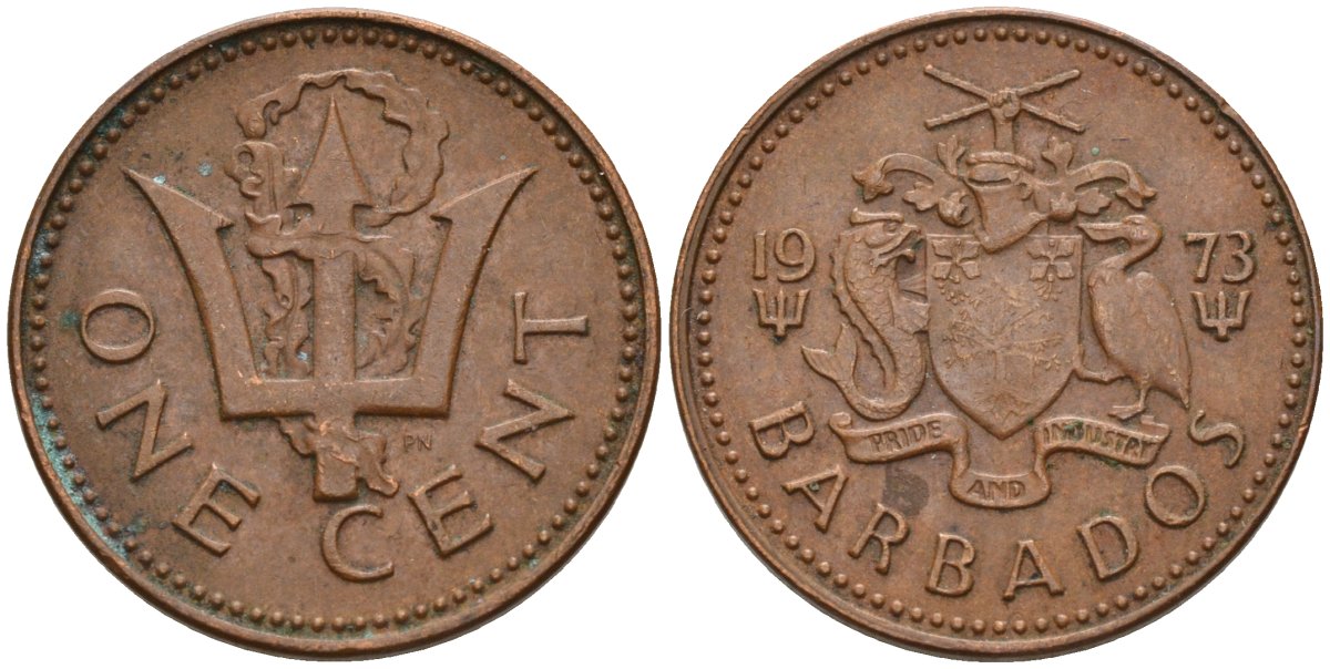 Барбадос 1 цент 1973 сломанный трезубец Британии KM 10 бронза 4596-463