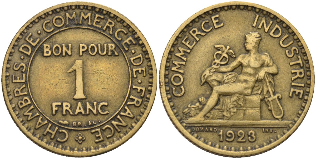 Франция 1 франк 1923 KM 876, Le Franc 218.5 алюминиевая бронза 4142-654