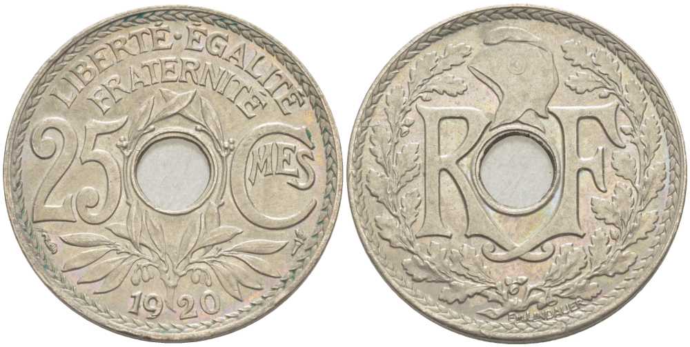 ФРАНЦИЯ 25 САНТИМОВ 1920 ТИП ЛИНДАЙЁ KM 867а, LE FRANC 171.4 медно-никель UNC 175-324