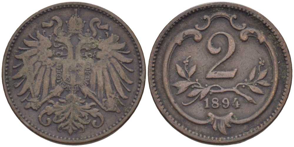 АВСТРИЯ 2 ГЕЛЛЕРА 1894 ФРАНЦ ИОСИФ (1846-1918) KM 2801 бронза 201-947