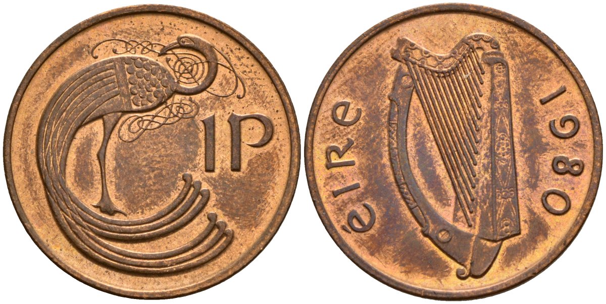 Ирландия 1 пенни 1980 мифологическая птица лира KM 20 бронза 4141-234